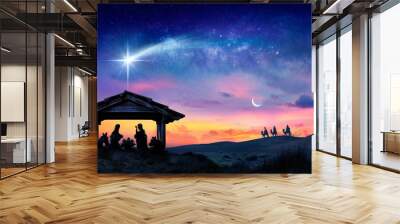 Nativity Of Jesus - Scene With The Holy Family With Comet At Sunrise Wall mural