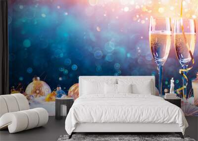 New Year Toast Champagne - Flutes With Christmas Decoration Wall mural