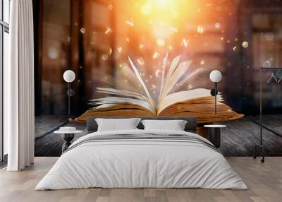 Old Book With Magic Lights And Bright Letters On Aged Table In Defocused Library Wall mural