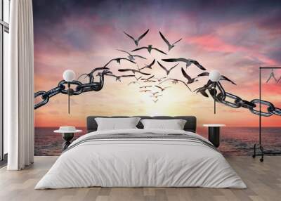 On The Wings Of Freedom - Birds Flying And Broken Chains - Charge Concept Wall mural