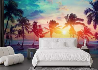 Palm Trees Silhouettes On Tropical Beach At Sunset - Modern Vintage Colors Wall mural