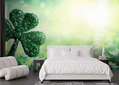 Patrick Day Symbol - Shiny Clover In Green Field
 Wall mural