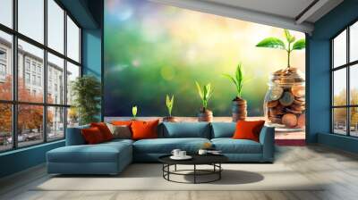 Plants On Money In Increase With Flare Light Effects - Money Growth Concept Wall mural