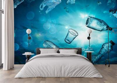 Plastic Pollution In Ocean - Underwater Shine With garbage Floating On Sea - Environmental Problem
 Wall mural