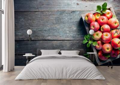 Ripe Apples In Wooden Basket On The Rustic Table Wall mural