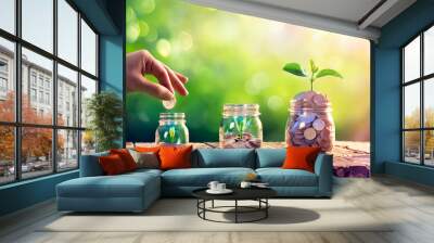 Save Money And Investment Concept - Plants Growing Up In Jars Wall mural