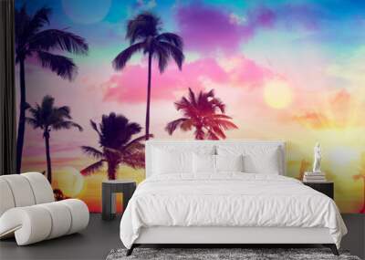 Silhouette Tropical Palm Trees At Sunset - Summer Vacation With Vintage Tone And Bokeh Lights
 Wall mural