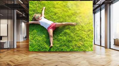 Smiling Little Girl Lying On Grass Meadow Wall mural