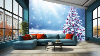 Snowy Christmas Tree With Red Balls In A Winter Landscape Wall mural