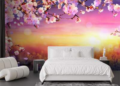 Spring Art  Background - Pink Blossom At Sunset
 Wall mural