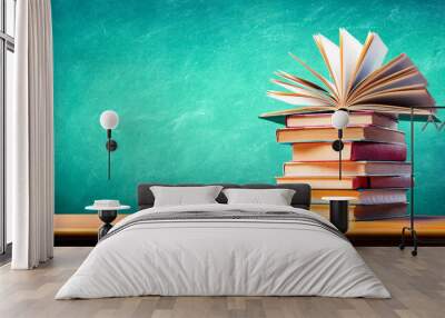 Stack Books With Green Blackboard - Back To School
 Wall mural