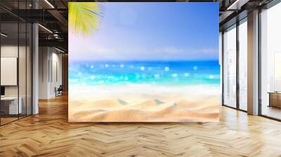 Summer And Sea With  Blurred Leaves Palm And Defocused Bokeh Light On Sea - Golden Sand In Abstract Landscape Wall mural