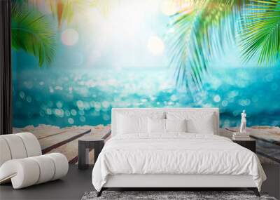 Summer Table And Sea With  Blurred Leaves Palm And Defocused Bokeh Light On Ocean - Wooden Plank In Abstract Landscape Wall mural