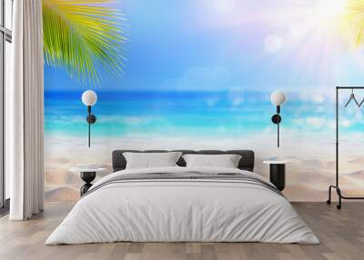 Sunny Tropical Beach With Palm Leaves And Paradise Island Wall mural