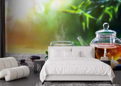 Teatime - Relax With Hot Tea In Zen Garden
 Wall mural