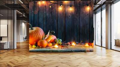 Thanksgiving - Pumpkins On Rustic Table With Candles And String Lights  Wall mural