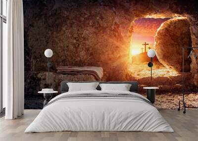 tomb empty with shroud and crucifixion at sunrise - resurrection of jesus christ Wall mural