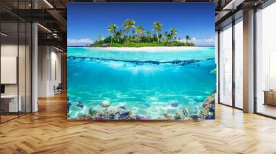 Tropical Island And Coral Reef - Split View With Waterline
 Wall mural