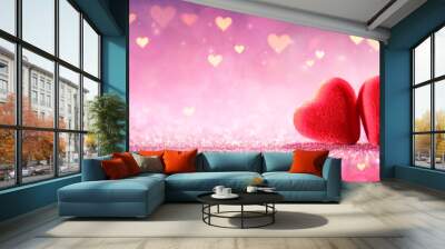 Two Hearts On Pink Glitter In Shiny Background - Valentine's Day Concept
 Wall mural