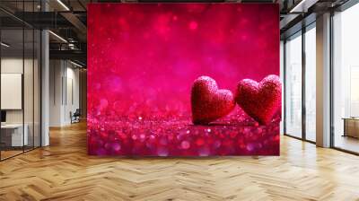 Two Red Hearts In Shiny Background - Valentine's Day
 Wall mural