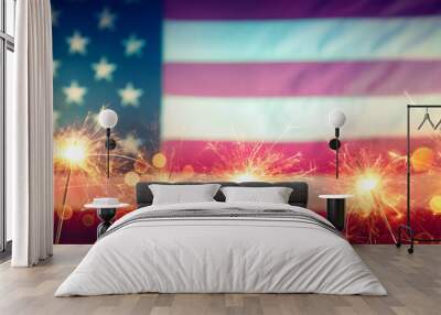 Usa Celebration With Sparklers And Blurred American Flag On Vintage Background
 Wall mural