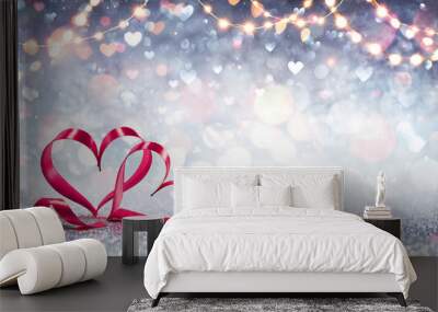 Valentines Card - Red Ribbon Shaped Hearts On Silver Shiny Background With Lights
 Wall mural