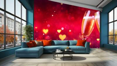 Valentines Celebration - Toast With Champagne With Defocused Lights In Red Shiny Background Wall mural