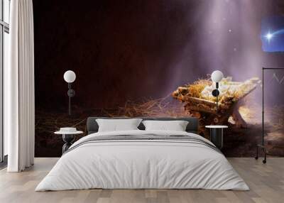 waiting for the messiah - empty manger with comet star coming Wall mural