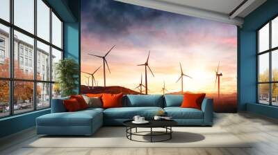 Wind Turbines In Rural Landscape At Sunset Wall mural