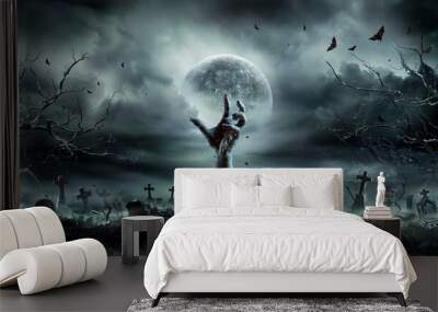 Zombie Hand Rising Out Of A GraveYard - Halloween Wall mural