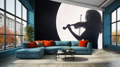 Silhouette of a woman violinist in a white semicircle with smoke on a black background. A concept for music during the full moon. Night background. Copy space. Wall mural