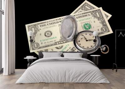 two one dollar bills of the usa on which there is a retro pocket watch with scratches. the concept o Wall mural