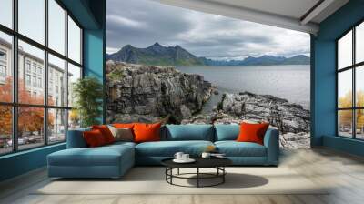 Rocky lake shore and mountains in the cloudy background, Lofoten Norway Wall mural