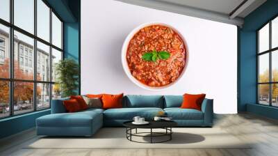 Bolognese (also know as Bolognesa or Bolonhesa) sauce in a white bowl isolated in white background, soft light, studio photo, copy space Wall mural