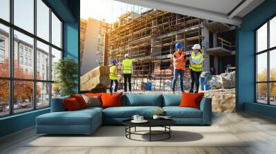 Four construction workers having meeting,stock photo Wall mural