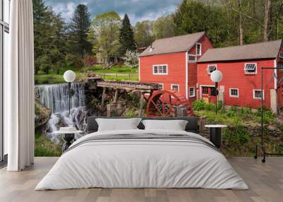 old mill on the river and a waterfall in Bridgewater Connecticut Wall mural