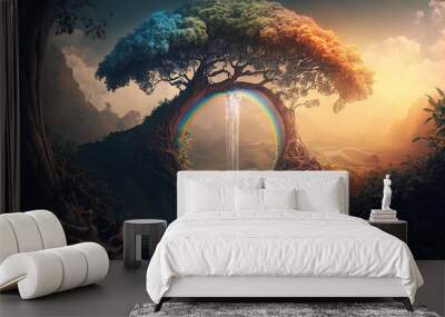 Amazing Yggdrasil tree in the middle of a beautiful garden of eden with waterfall and rainbow. Mystical and ancient Nordic mythology. Generative art Wall mural