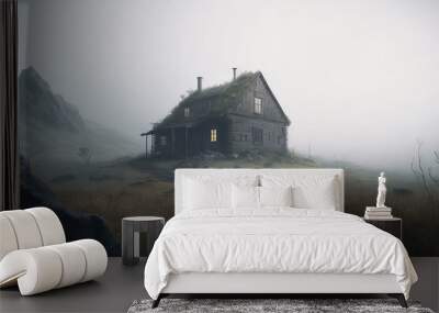 An abandoned cabin on a hill on a misty and foggy morning, haunted concept, scary horror. liminal mood Wall mural