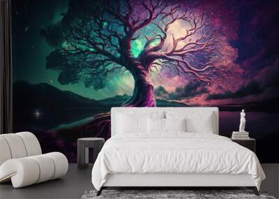 Colorful yggdrasil with northern lights. generative art  Wall mural