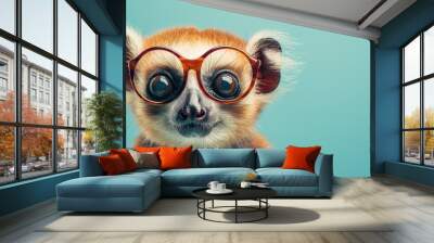 cute slow loris with glasses on isolated pastel blue background Wall mural