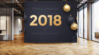 2018 Happy New Year gold holiday greeting card on black background with Christmas balls and snowflakes paper pattern. Golden number 2018 with decoration ornament for horizontal premium web banner Wall mural