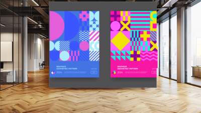 Abstract geometric pattern background, vector circle, triangle and square lines art design. Colorful retro pattern background, posters set Wall mural