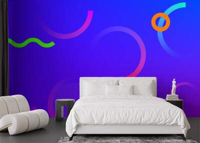 Abstract neon color gradient pattern with Memphis geometric dot and line elements on blue purple background Wall mural