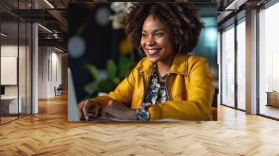 Beautiful young woman working on laptop, girl freelancer or student with computer in cafe at table, looking in camera. Model by AI generative Wall mural