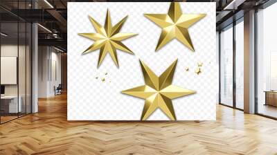 Christmas golden star decoration or snowflake gold glittering ornament for winter holiday greeting card. Vector isolated golden sparkling star foil confetti on white background for New Year decoration Wall mural