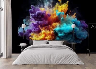 Color paint cloud of liquid splash ink. A colorful abstract blend of liquid colors and ink drops. Artistic background. Generated AI. Wall mural