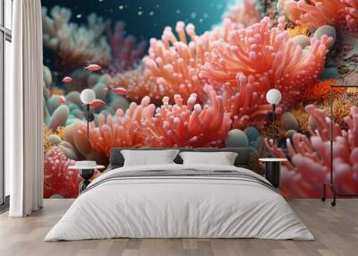 Coral reef background. Undersea tropical world. Turquoise and pastel pink colored coral reef, anemone and sea plant. Ai generated illustration Wall mural