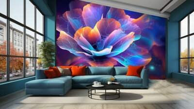 Digital futuristic flower wallpaper, neon light glow blossom wireframe, background with flower cyber hologram in AI generative Wall mural