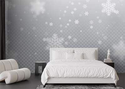 Falling snowflake pattern background of white cold snowfall overlay texture isolated on transparent background. Winter Xmas snow flake ice elements template for Christmas of New Year holiday design Wall mural