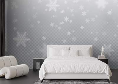 Falling snowflake pattern background of white cold snowfall overlay texture isolated on transparent background. Winter Xmas snow flake ice elements template for Christmas of New Year holiday design Wall mural